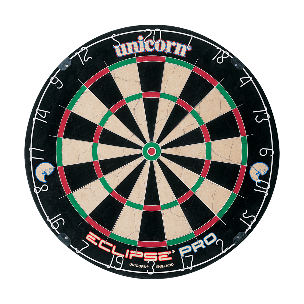Das Bild zeigt die Unicorn Eclipse Pro Dartscheibe. Sie hat ein klassisches Design mit deutlich sichtbaren Zahlen und farbigen Segmenten.